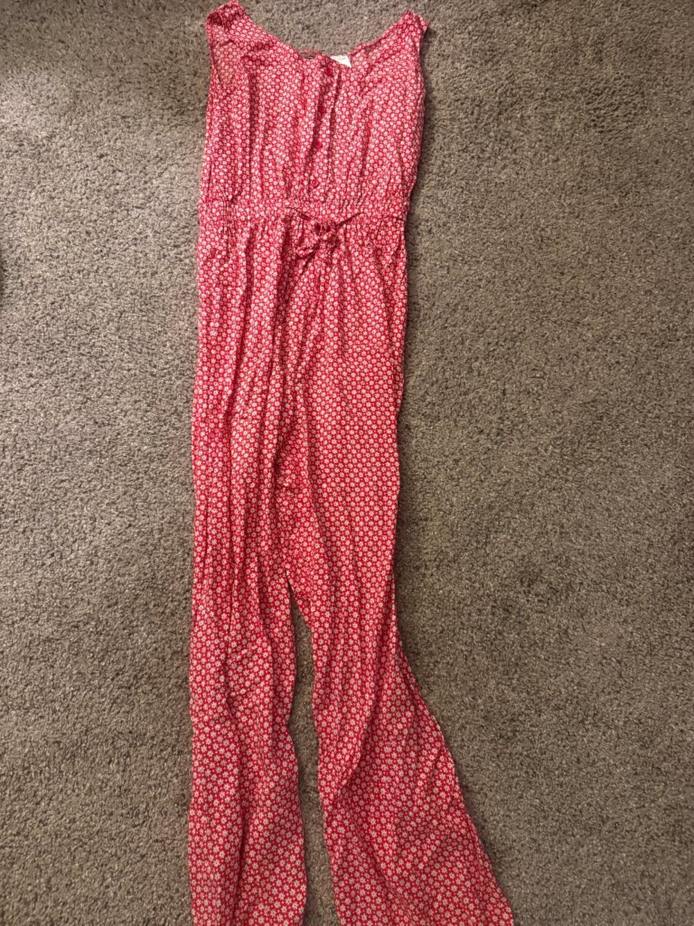 Vintage Blue Floral Jumpsuit Small Red Rayon Sleeveless Tie Front Button Romper